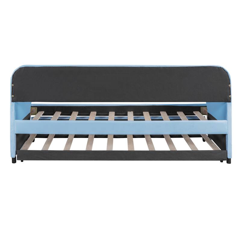 Upholstered Sofa Bed Twin Size With Trundle Bed and Wood Slat