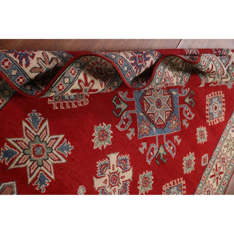 Red Geometric Kazak Area Rug Handmade Bedroom Wool Carpet - 5'0" x 6'9"