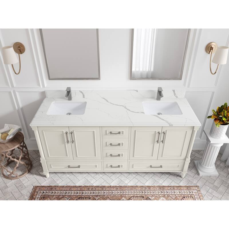 Willow Collections 72 in. W x 22 in. D Aberdeen Double Sink Bathroom Vanity with Countertops - 1.5" Calacatta Laza - Ivory