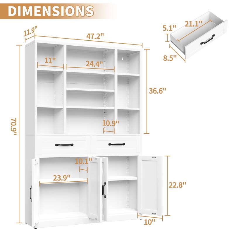 Rossetta Industrial Anti-Tip Kit Metal Bookcase with Doors and Drawers, Adjustable Open Shelves