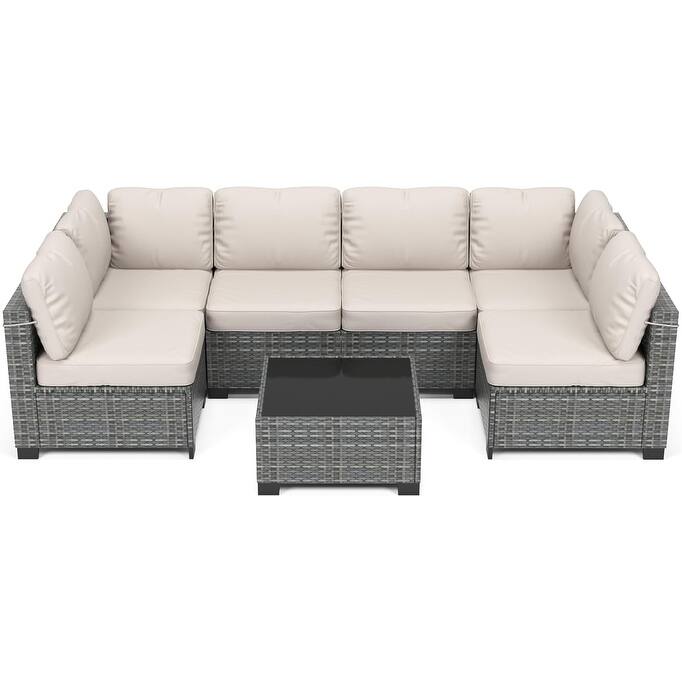 IDEALHOUSE 7-Piece PE Rattan Wicker Outdoor Patio Furniture Set - grey+Beige