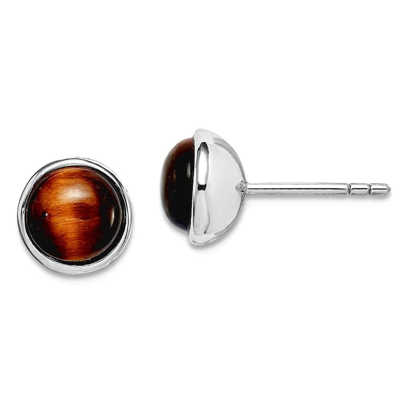 Curata 925 Sterling Silver Rhodium Bezel-set 7mm Tiger's Eye Post Earrings