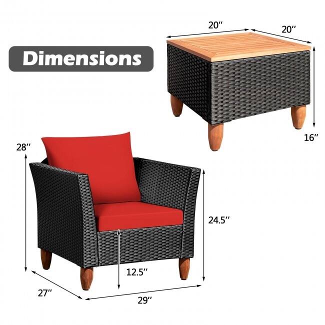 3 Pcs Outdoor Patio Rattan Furniture Set Wooden Table Top Cushioned Sofa - 29" x 27" x 28" (L x W x H)