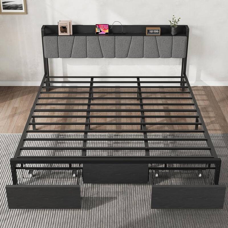 Bed Frame with Storage Headboard, Industrial Platform Bed with 2 Large Drawers and Charging Station, Black