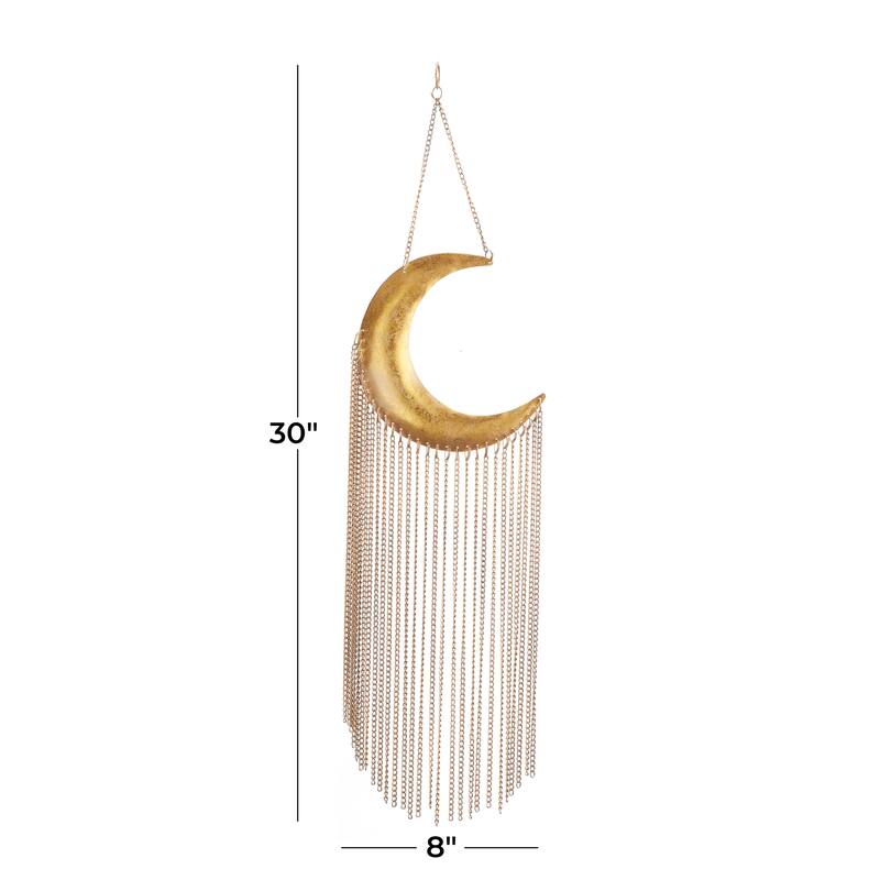 Gold Metal Indoor Outdoor Moon Windchime with Chain Tassels