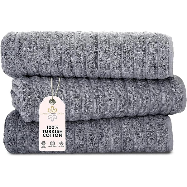 Classic Turkish Towels Cotton Bath Sheets Set of 3 Oversized Ribbed Towels, Ultra-Soft & Absorbent - 40x65 - Grey