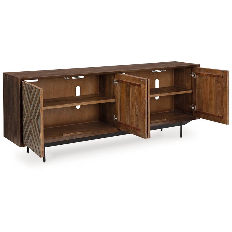 Sideboard Cabinet Console, 4 Carved Diamond Style Doors, Brown 76 Inch