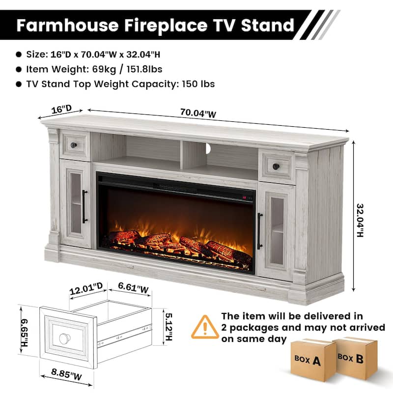 Fireplace TV Stand for 80" TV, Entertainment Center with LED Lights