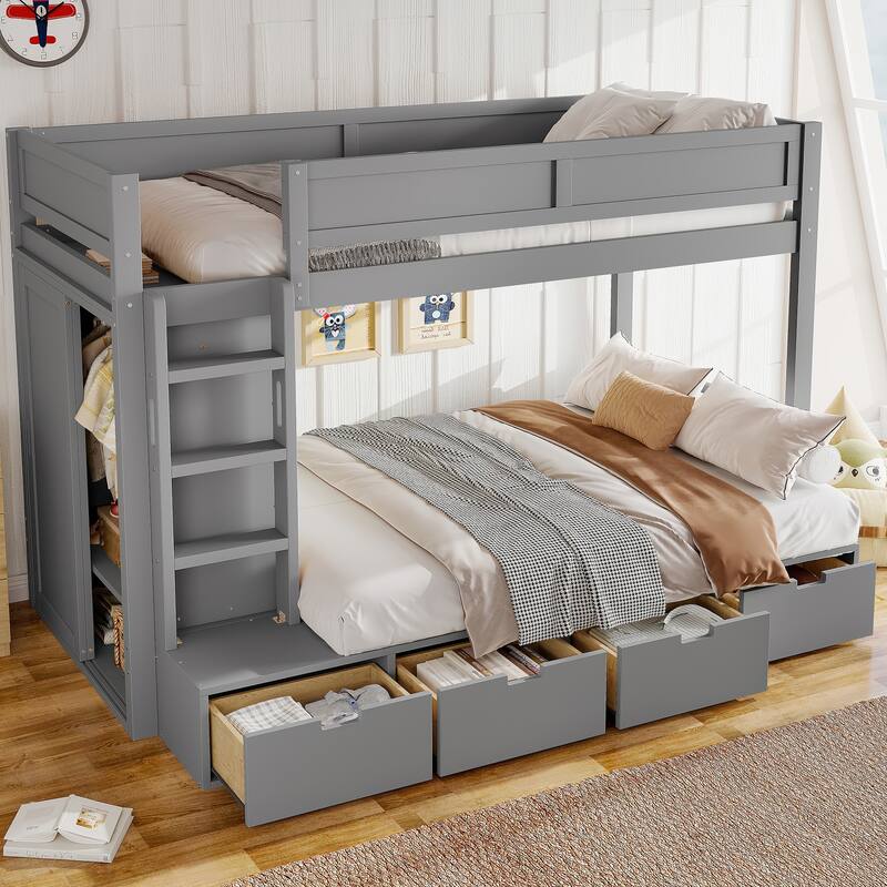 Twin Over Twin/Twin XL Over Full Bunk Bed Solid Wood Storage Bedframe with Built-in Wardrobe, 4 Under Drawers and Guardrails