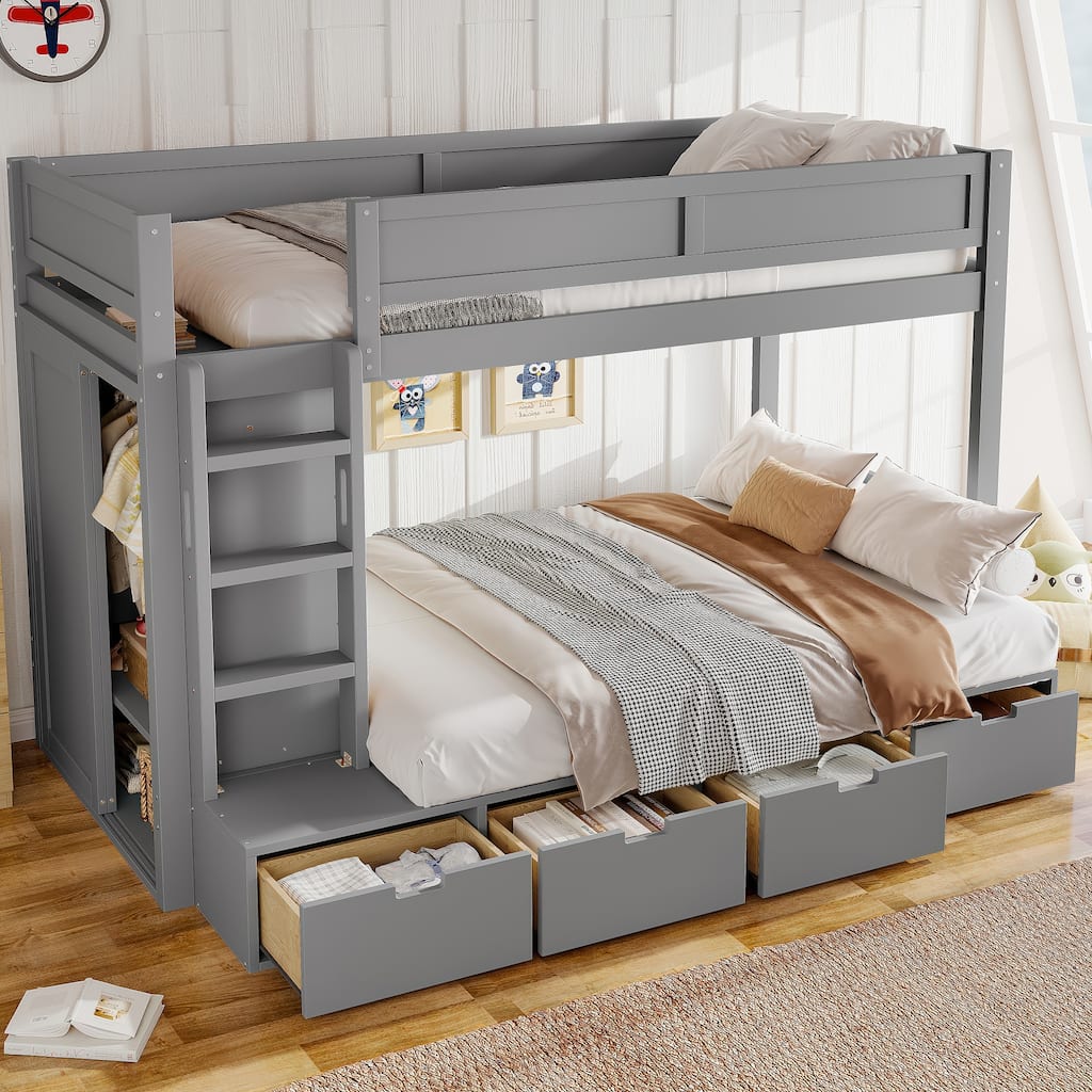 Twin over Twin Bunk Bed with 4 Drawers & Wardrobe - Solid Wood, Full-Length Guardrails, No Box Spring