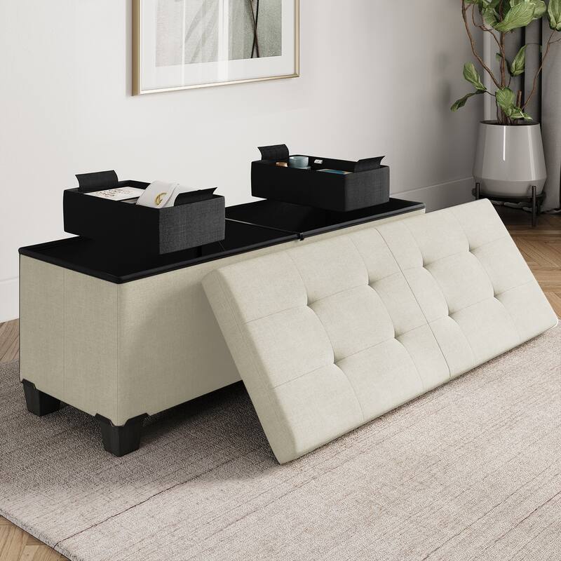 Empyrean Tuffted Folding Foot Rest Storage Ottoman Bench with Storage Bins - 43 Inch - Ivory Fabric