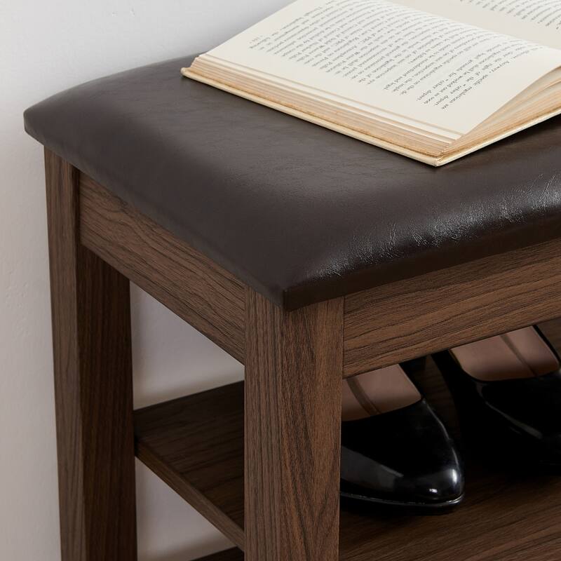 Roomfitters Height Adjustable Wooden Shoe Bench with Cushion Seat and Concealed Storage Compartment, Charcoal Grain, Vintage