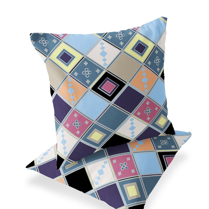 HomeRoots Set of Two 16" X 16" Blue and Purple Blown Seam Diamond Indoor Outdoor Throw Pillow - 16.00' X '16.00' X '5.00