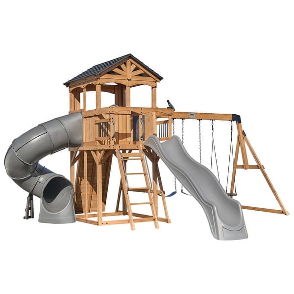 slide 2 of 15, Backyard Discovery Dover Bay Spruce Swing Set, Tube Slide, Clubhouse Brown - Swing Set - Kids