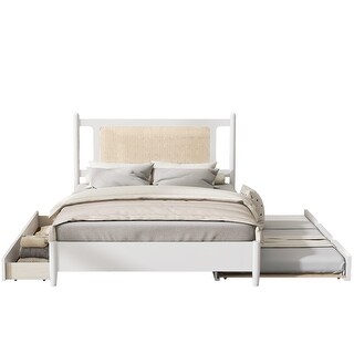Trundle Platform Bed Queen Size Bed Frame and Twin Size Trundle, with Unique Rattan Headboard 2 Storage Drawer, Elegant White