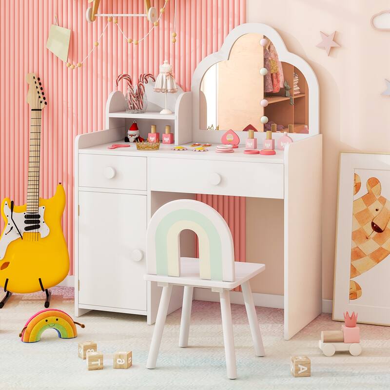 Children's Vanity Table and Stool Set with Mirror and Drawers Cabinet for Bedroom or Playroom - 31.5" x 16" x 38.5" (L x W x H)