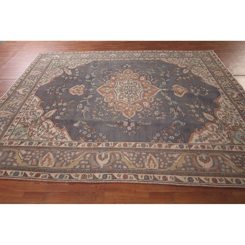Gray Blue Tabriz Persian Vintage Area Rug Hand-Knotted Wool Carpet - 8'0"x 10'7"
