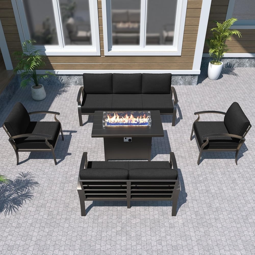 Aluminum Patio Outdoor Sectional Sofa Set with Fire Pit, Swivel Rocking Chairs and Ottomans