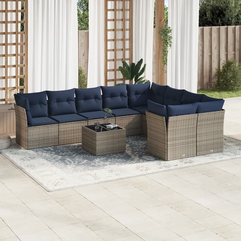 vidaXL 9/10 Piece Patio Sofa Set with Cushions Black/Brown/Gray Poly Rattan - 21.7 x 24.4 x 27.2 - Beige and gray With table