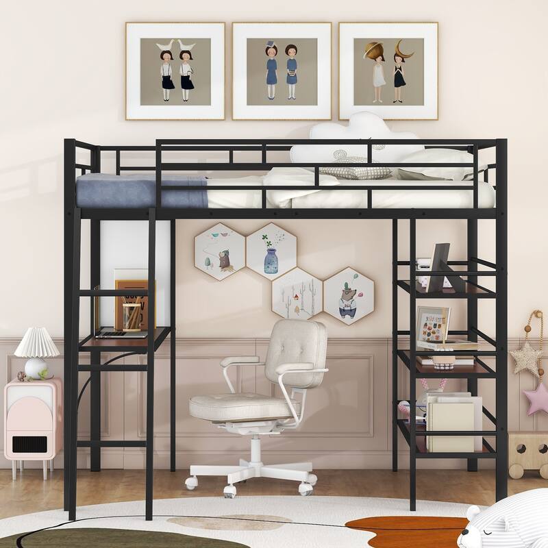 Stylish Twin Size Loft Metal Bed with Shelves, Desk, and Whiteboard - Space-Saving Metal Frame Bed for Work and Play