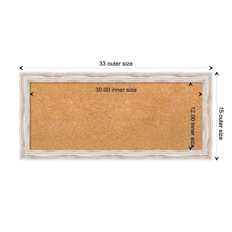 Alexandria White Wash Narrow Wood Framed Natural Corkboard Bulletin Board, Organization Board, Pin Board - Board Size 30x12