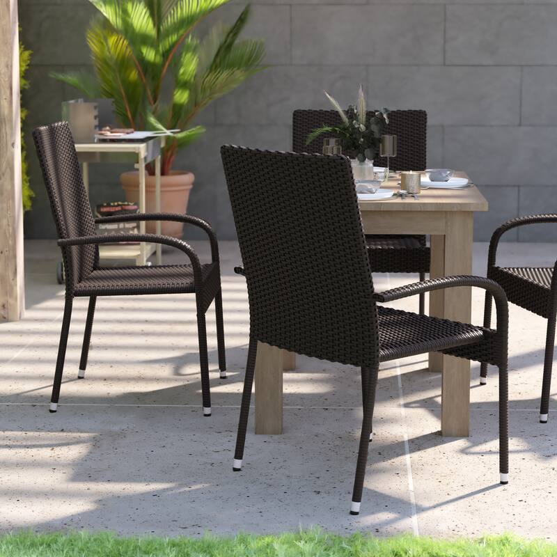 Indoor/Outdoor Stacking Steel Framed Wicker Dining Armchairs - 4 Pack