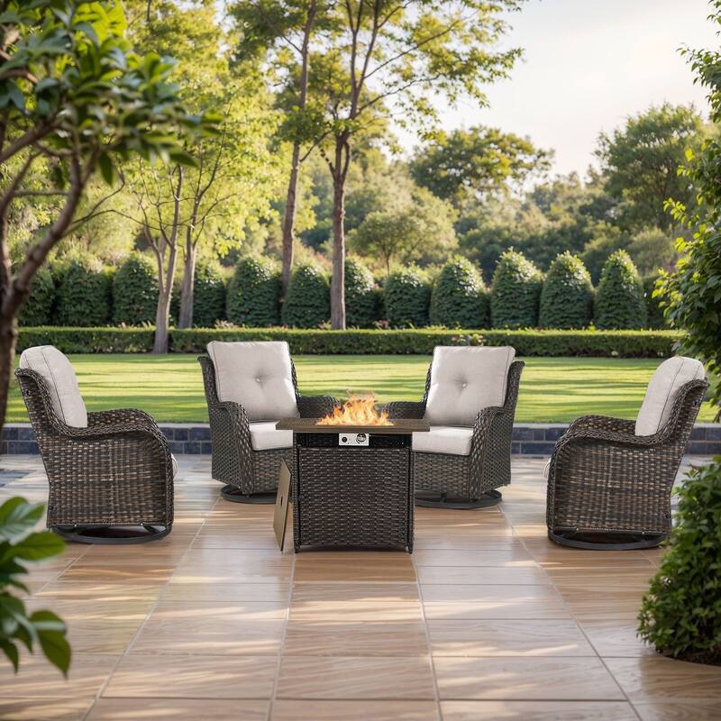 Pocassy Fire Pit Table with Sofa Swivel Chairs Set - Brown Wicker Beige Cushion - 5 Pieces Swivel Chair with Fire Table