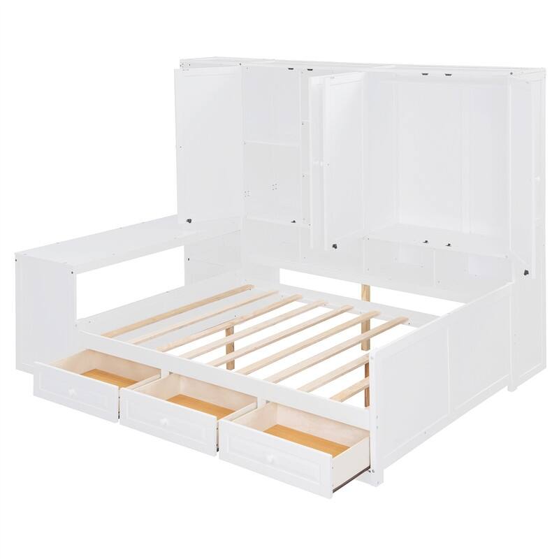 Twin/Full Size Daybed with All-in-One Cabinet and 3 Drawers, Wooden Daybed Frame Sofa Bed with Desk and Storage Shelves