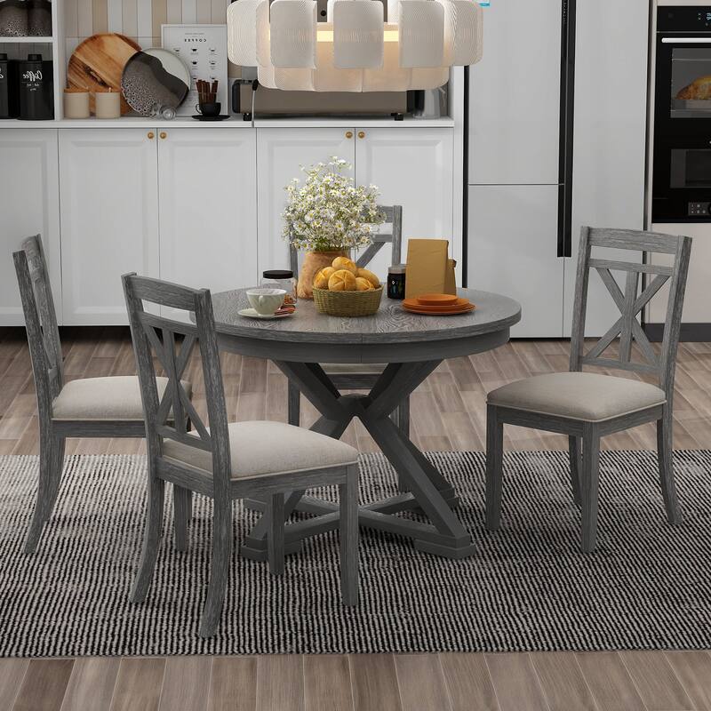 5-Piece Retro Extendable Round Dining Set with Upholstered Chairs by Harper&Bright Designs - Grey