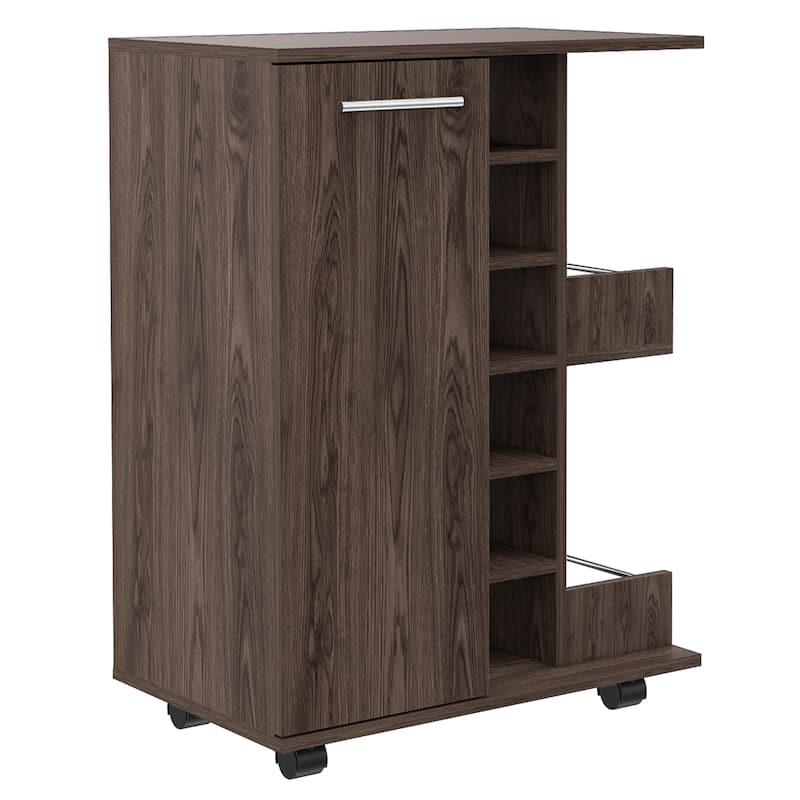 Bar Cart, Two External Shelves, Four Casters, Six Built-in Wine Rack, Single Door Cabinet -Dark Walnut - Brown