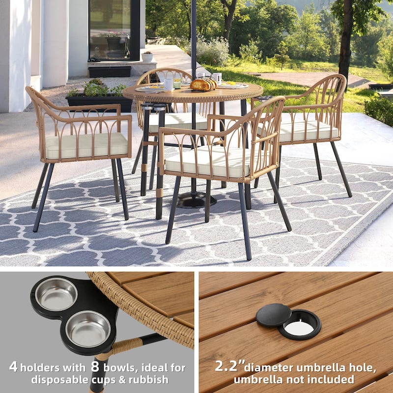 Moasis 5-piece Rattan Outdoor Patio Dining Set, Wicker Dining Chairs Table with Umbrella Hole