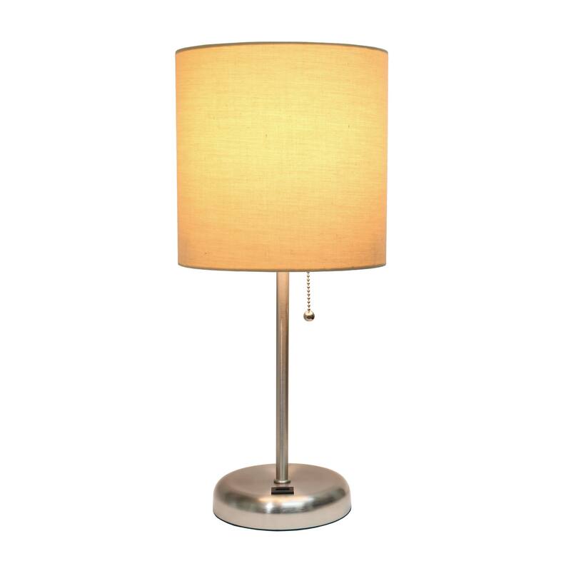 19.5 in. Brushed Steel Finish Table Lamp with Beige Shade, Durable Stick Lamp for End/Side Tables