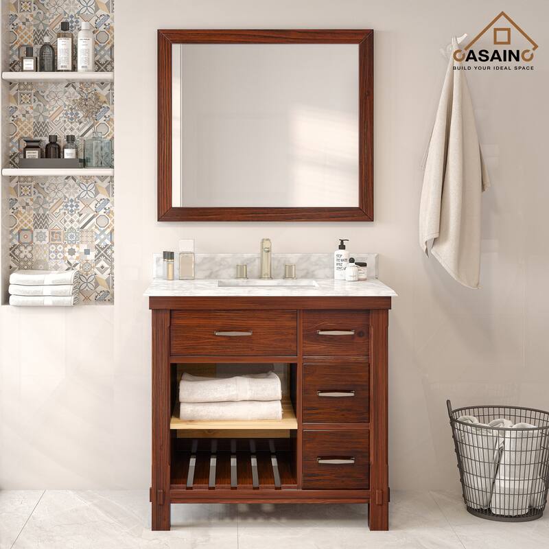 CASAINC 36"48"60" Freestanding Bathroom Vanity in Traditional Brown with Sink and Carrara Marble Top