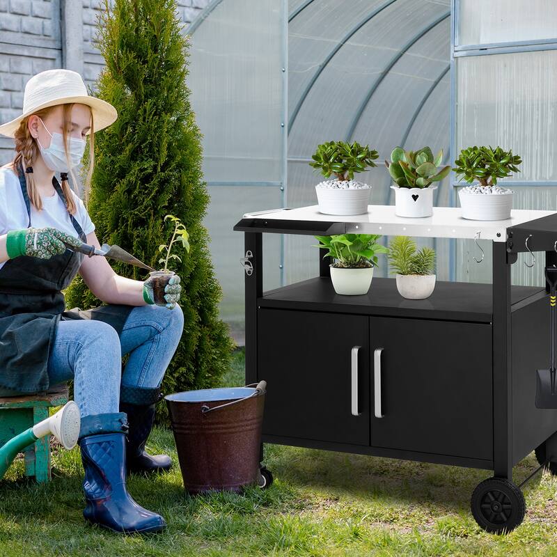 Outdoor Grill Cart with Foldable Side Table Iron Frame, Mobile BBQ Station with Storage Cabinet, Spice Rack & Lockable Wheels