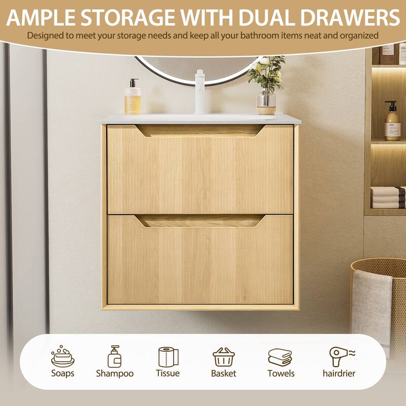 32" Floating Bathroom Vanity with Sink - Multi-Layer Solid Wood, Wall-Mounted with White Stone Top & 2 Soft-Close Drawers