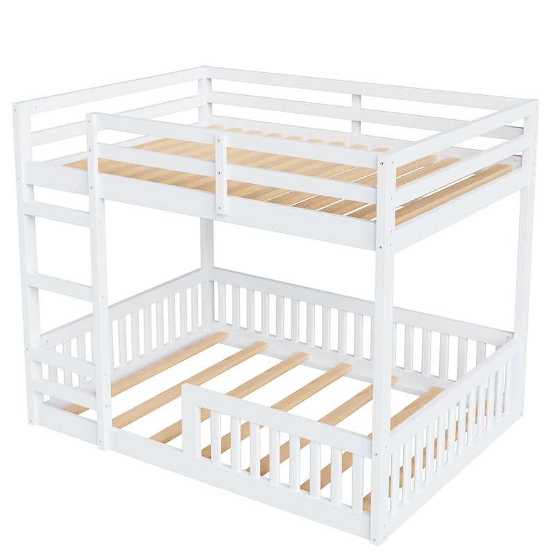 Full over Full Bunk Bed with Ladder and Guardrails, Wood Kids Teens Bed Frame
