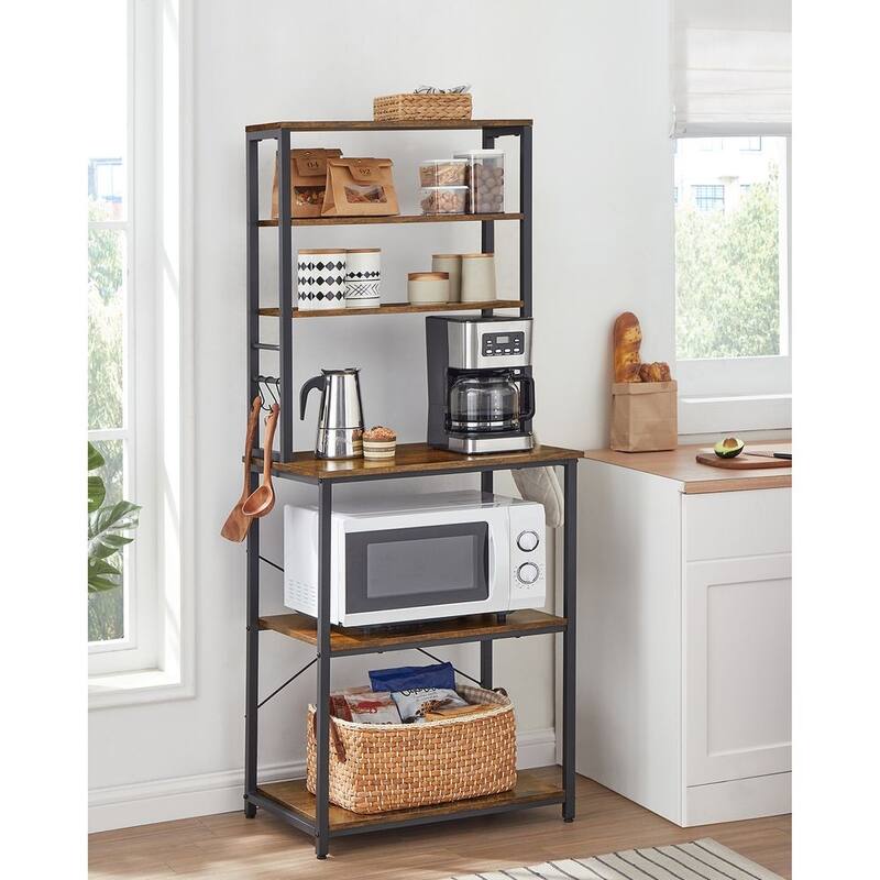 Kitchen Tall Utility Microwave Oven Storage Shelf Stand with 6 Hooks and Metal Frame - 23.6" x 15.7" x 65.7"