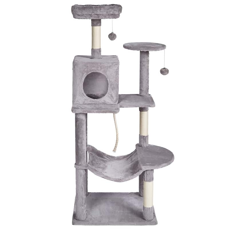 Light Grey Plush 6-Layer Cat Tree with Condo, Hammock & Toys