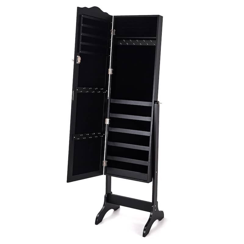 Black Lockable Jewelry Storage Cabinet Armoire with Full Length Mirror and 4 Angle Tilting Positions - Black