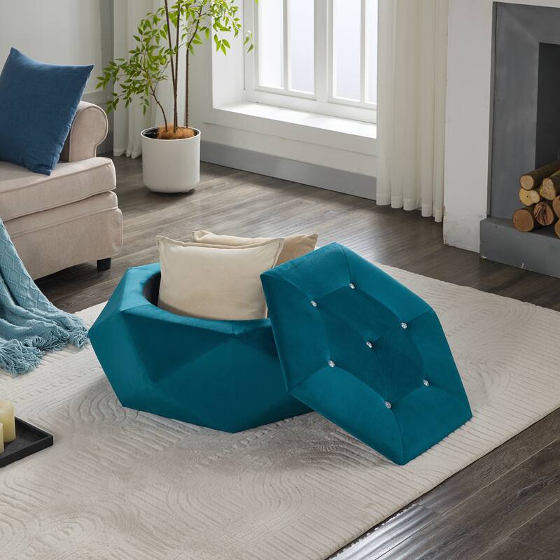Blue Elegant Velvet Diamond Tufted Storage Ottoman - Multi-Functional Seating for Living & Bedroom - Blue