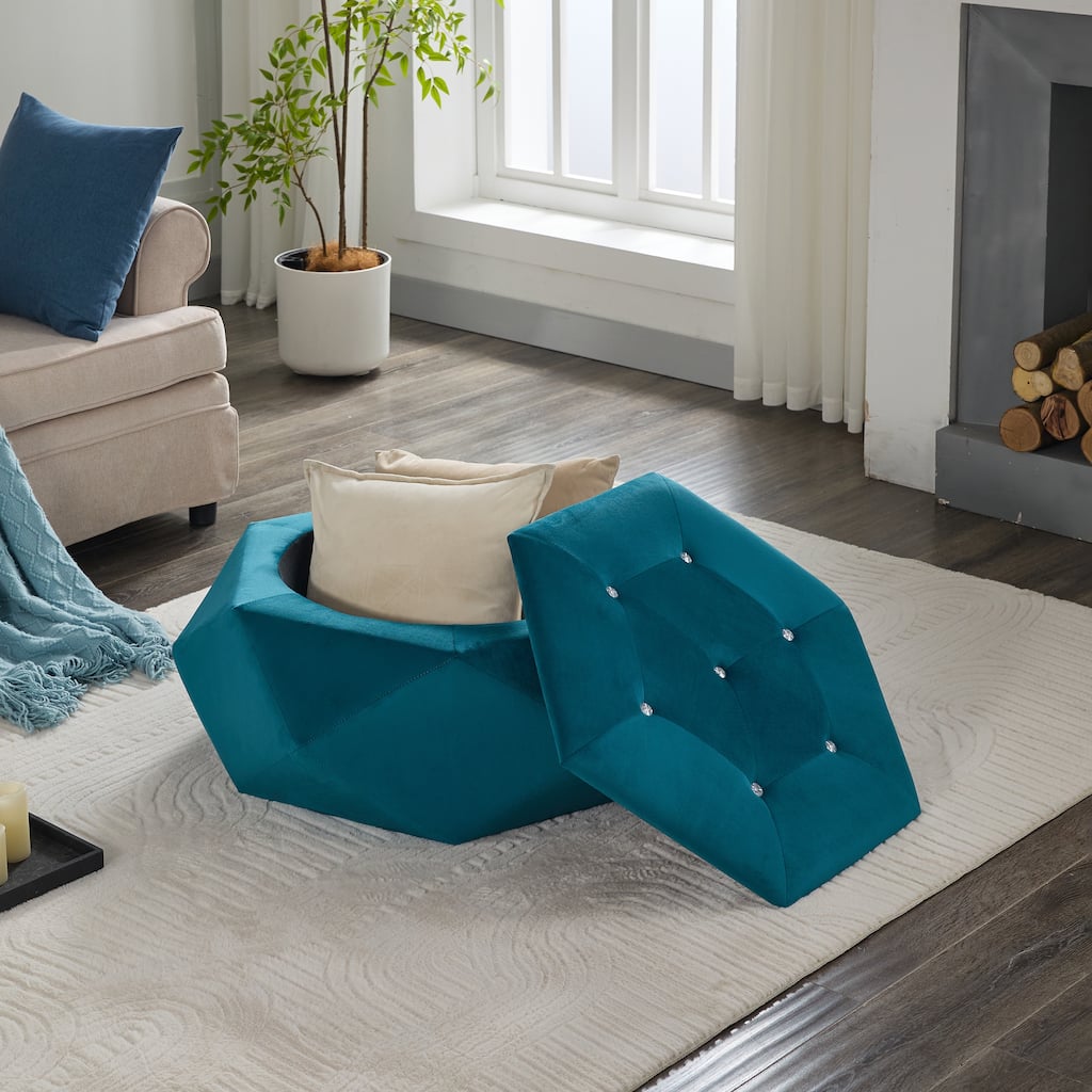 Blue Elegant Velvet Diamond Tufted Storage Ottoman - Multi-Functional Seating for Living & Bedroom