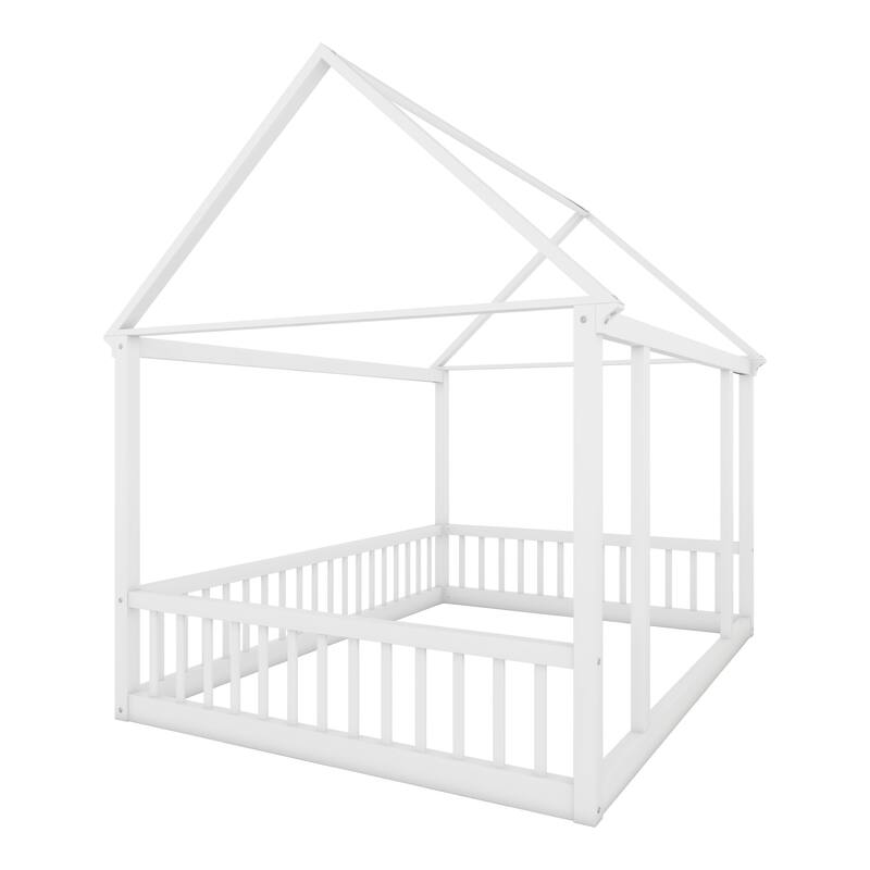 Twin/Full Size Floor Bed with Wooden House Roof Frame and Safety Guardrails for Children's Bedrooms, Small Space