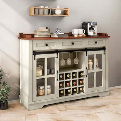 53" Barn Door Buffet Coffee Bar Cabinet with Wine Rack, Kitchen Sideboard Storage Cabinet