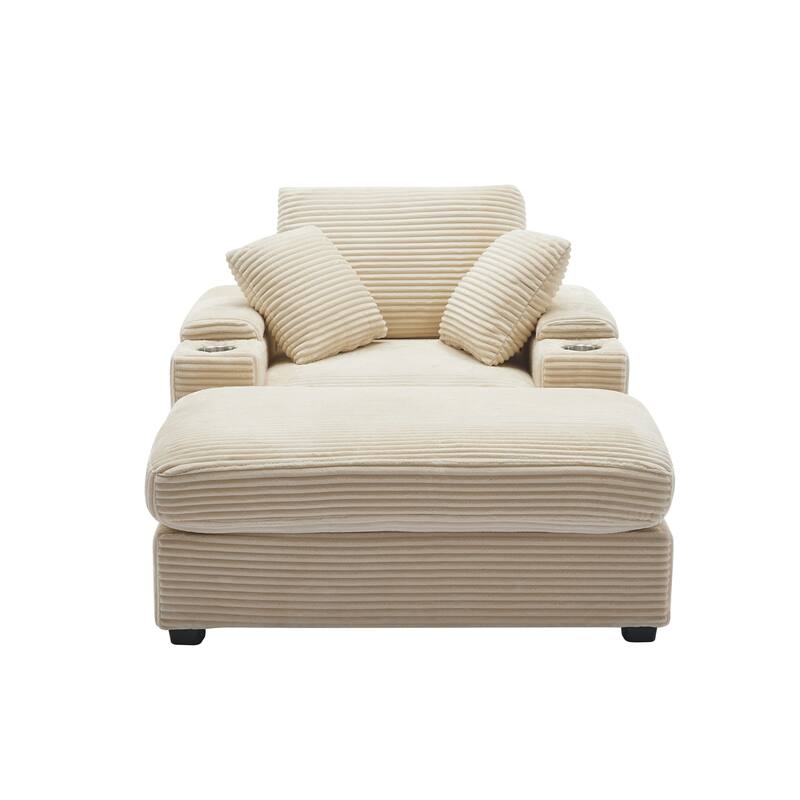 Corduroy Sofa Sets with Ottoman, Handrail Storage and Cup Holders