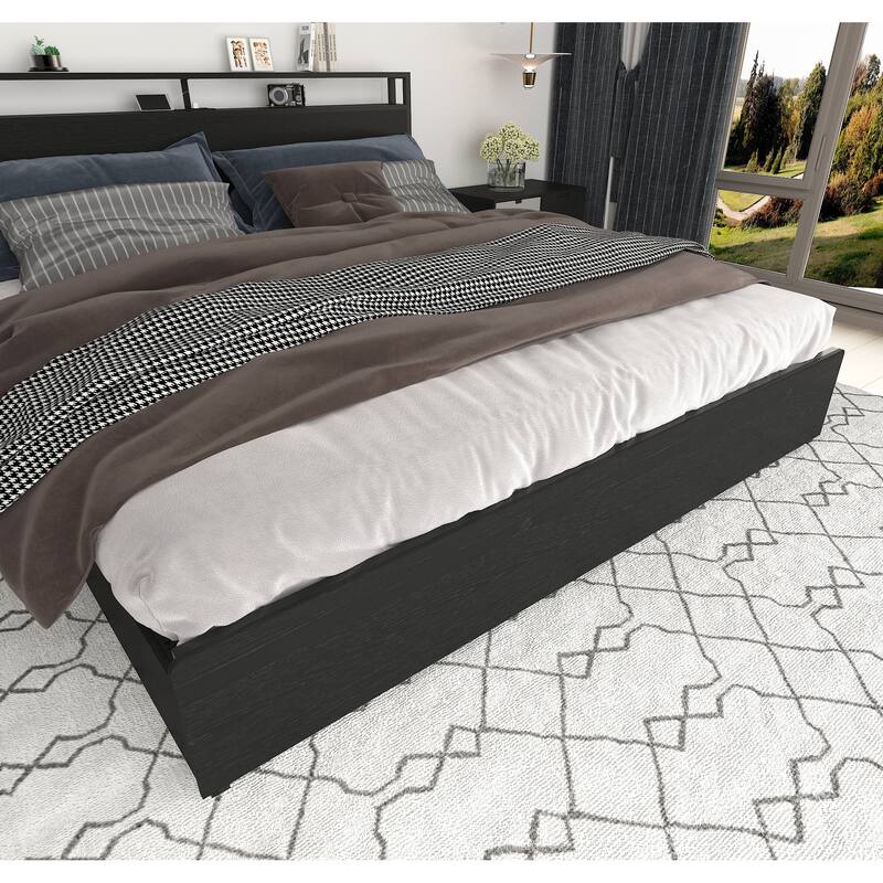 King Size Platform Bed Frame, Storage Headboard with Charging Station and LED Lights
