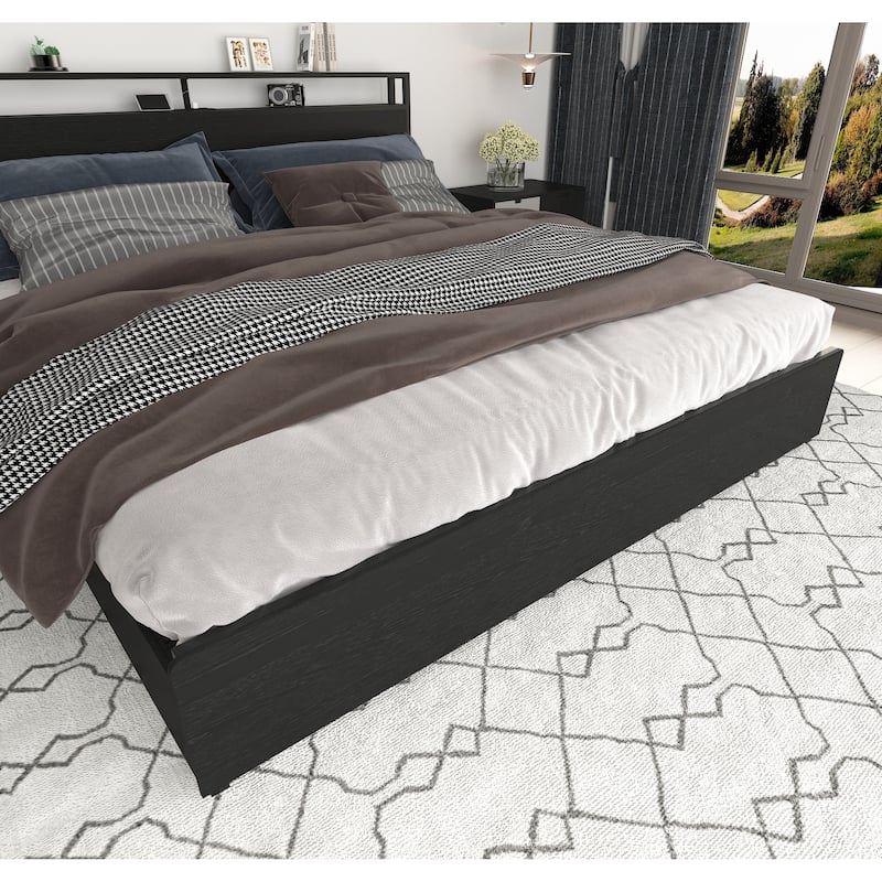 King Size Practical Storage Bed with 4 Drawers, Heavy Duty Metal Platform Bed Frame, LED Storage Headboard with Charging Station