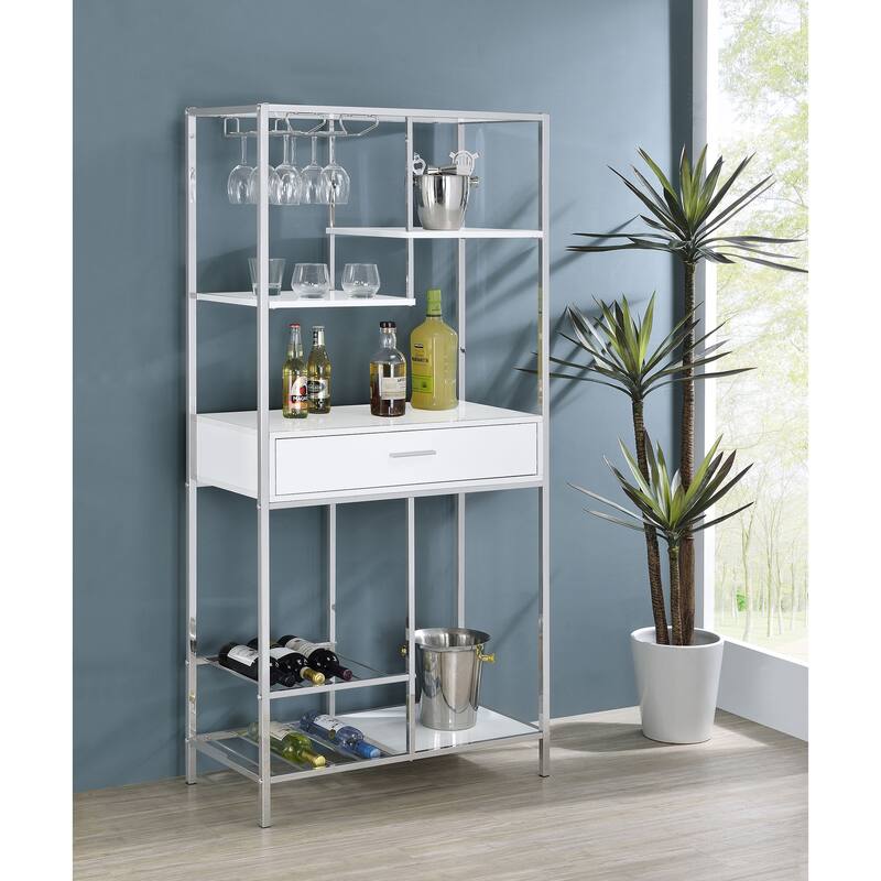 Figueroa White High Gloss 5-shelf Wine Cabinet with Storage Drawer