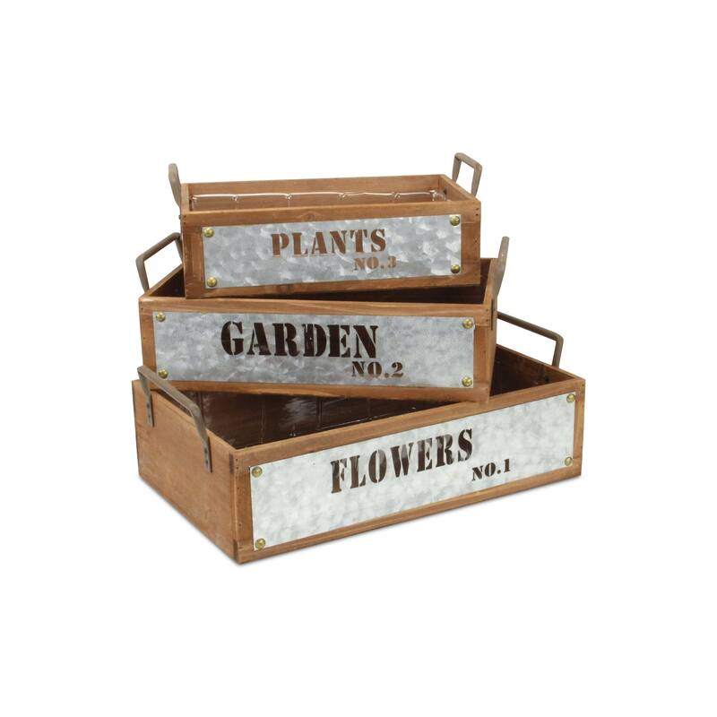 Brown Wood and Galvanized Metal Jardin Fleurs Stamped Crate (Set of 3)