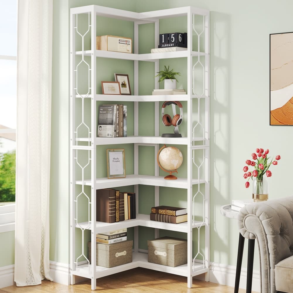7-Tier Corner Bookshelf, White Corner Shelf Modern Etagere Bookcase