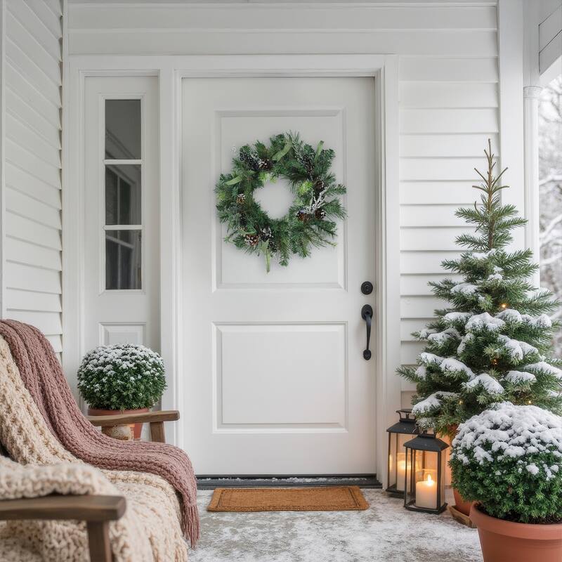 Unlit Pine Blueberries Cones Ice Twigs Artificial Christmas Wreath 24"